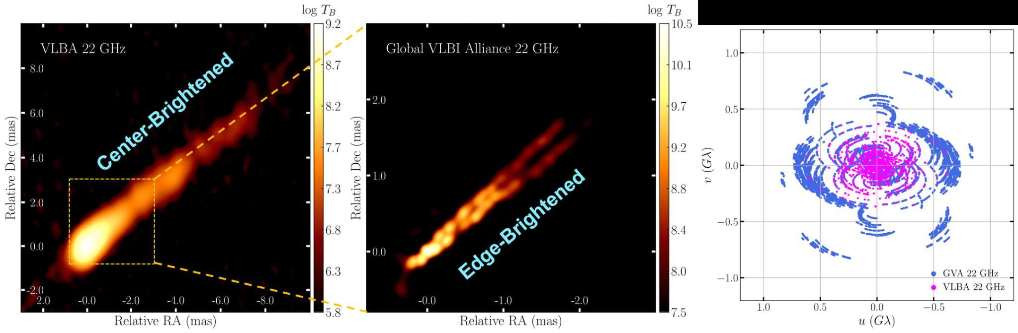 NGC 315 jet: VLBA center-brightened vs GVA edge-brightened morphology comparison